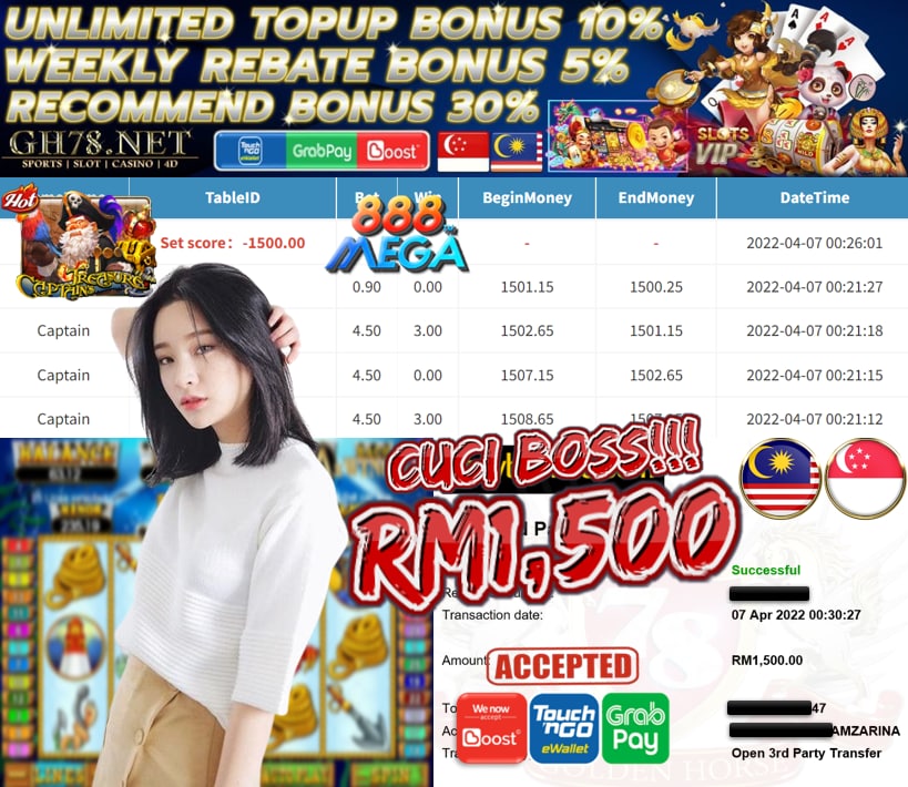 MEGA888 '' CAPTAIN TREASURE '' CUCI RM 1,500 ♥