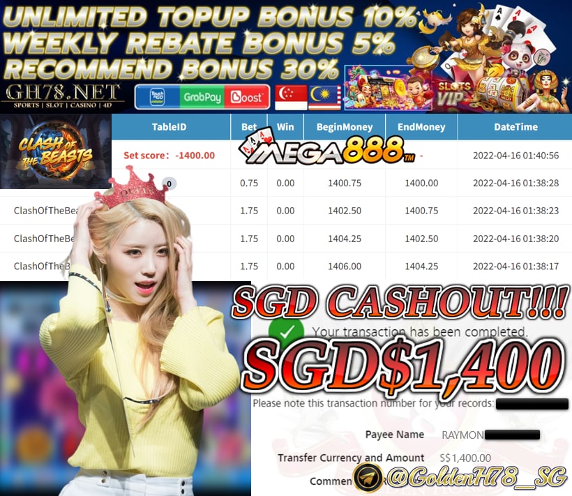 MEGA888 '' CLASH OF BEASTS '' CUCI SGD 1,400 ♥