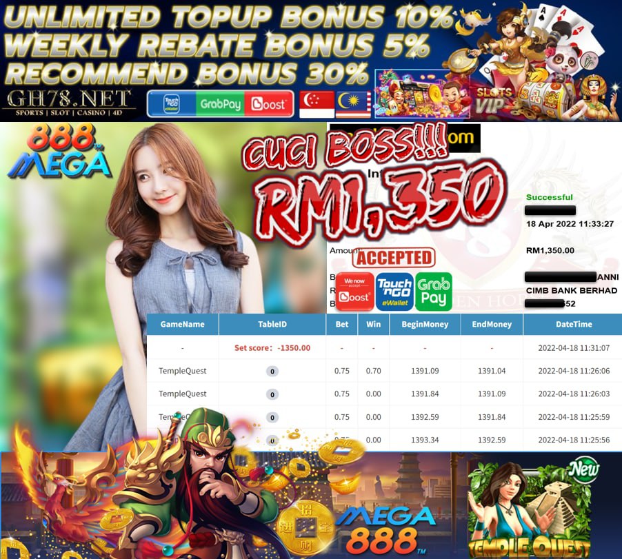 MEGA888 '' TEMPLE QUEST '' CUCI RM 1,350 ♥