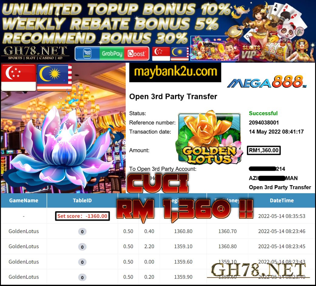 MEGA888 '' GOLDEN LOTUS '' CUCI RM 1,360 ♥