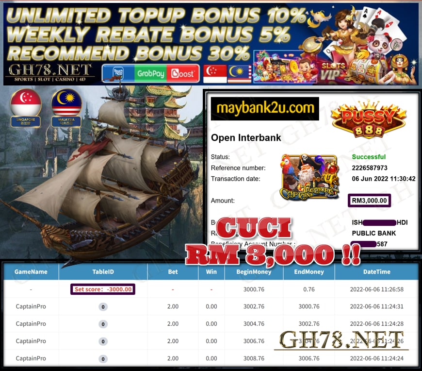 PUSSY888 '' CAPTAIN TREASURE '' CUCI RM3,000 ♥