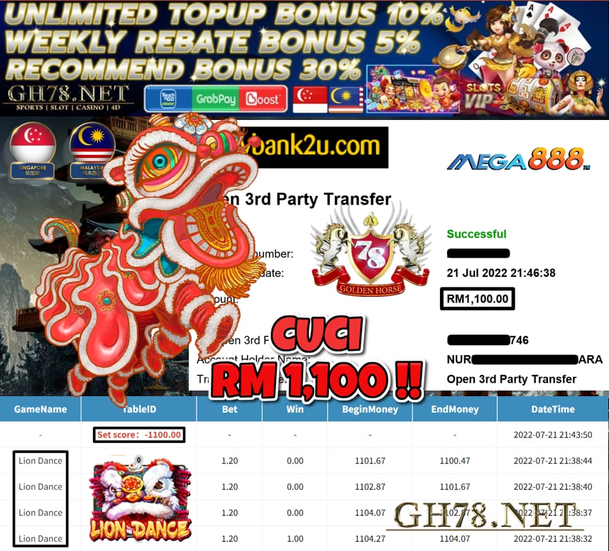 MEGA888 '' LION DANCE '' CUCI RM 1,100 ♥