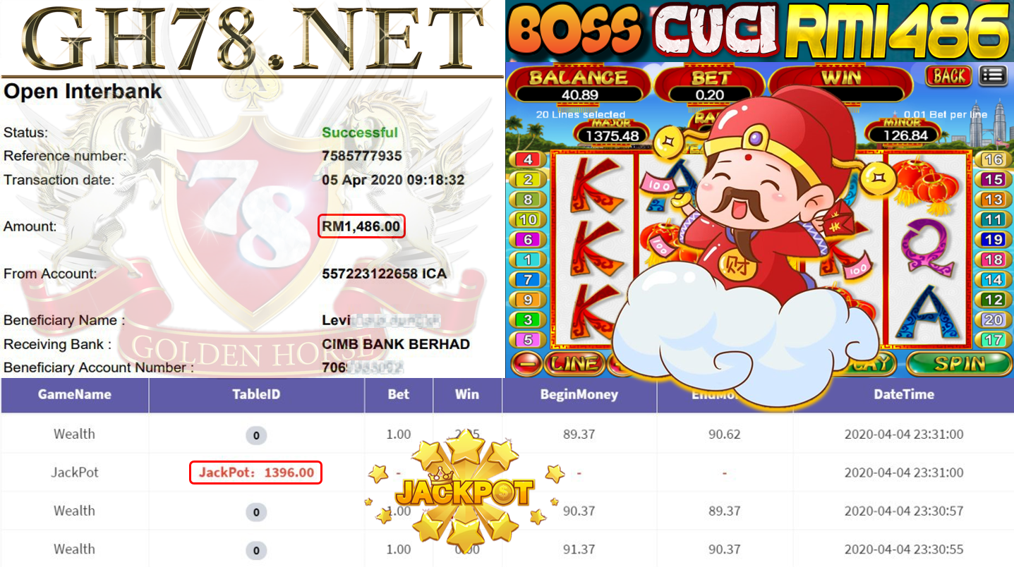 MEMBER MAIN 918KISS GAME WEALTH DAPAT JACKPOT MINTA OUT RM1486!!!!