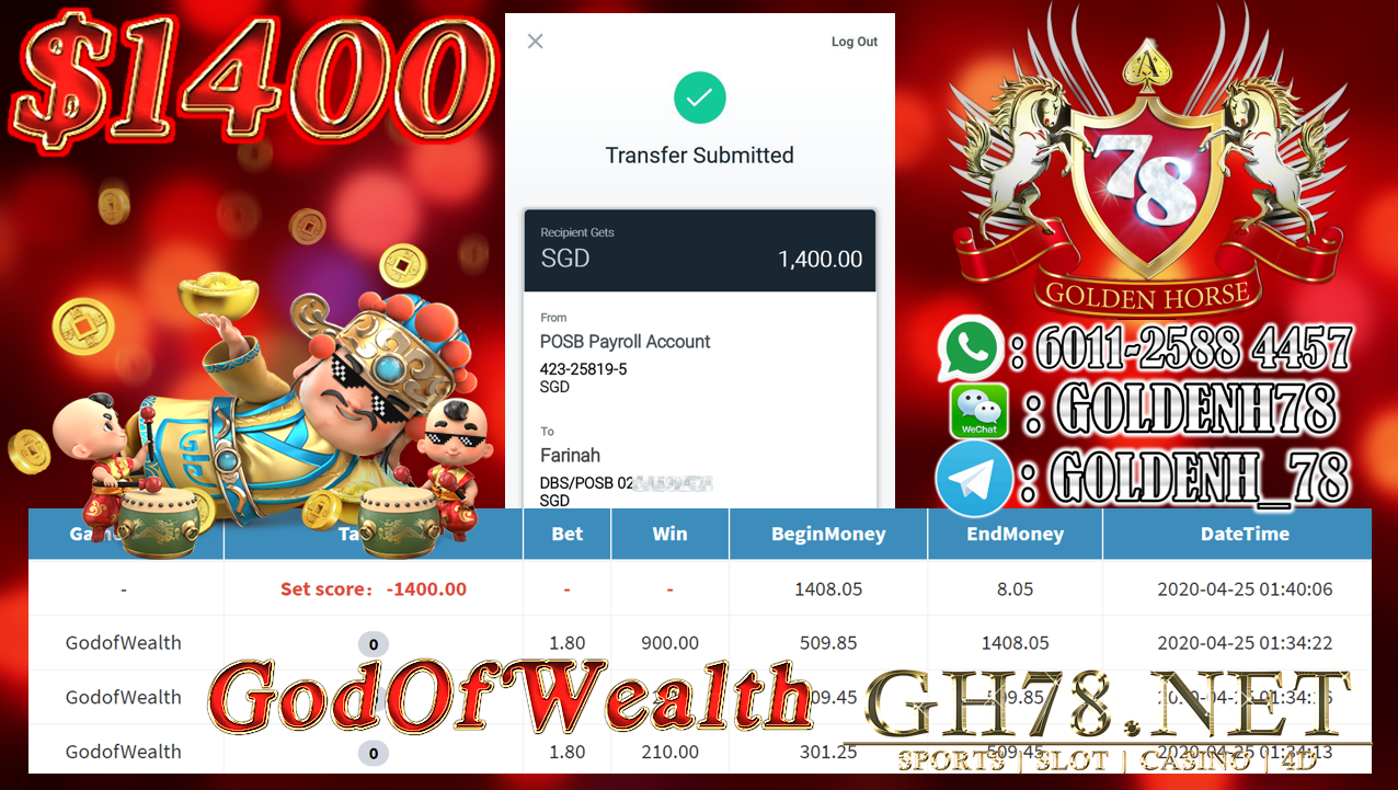 MEMBER MAIN GOD OF WEALTH CASHOUT SGD 1400