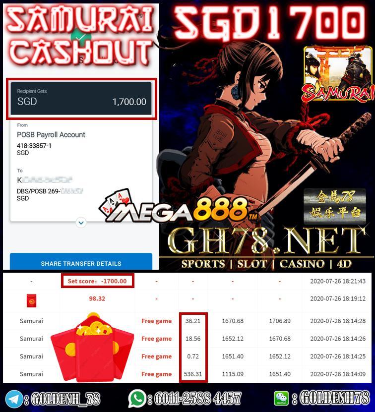 MEMBER PLAY SAMURAI CASHOUT SGD 1700