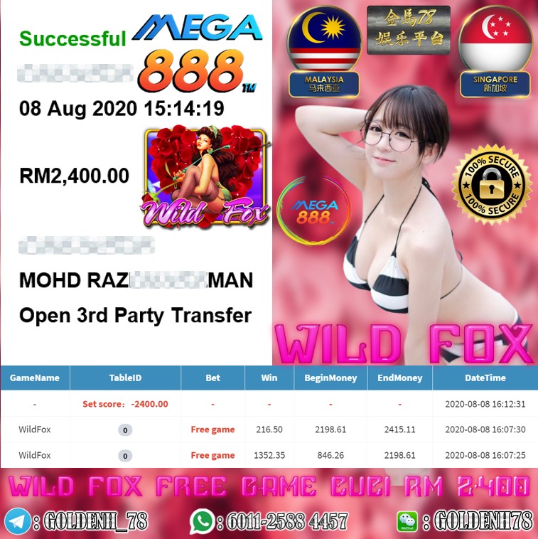 MEGA888 MEMBER MAIN WILDFOX CUCI RM2400