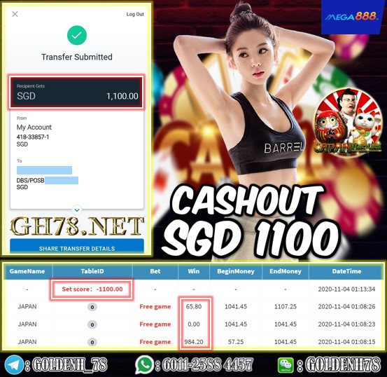 MMEBER PLAY MEGA888 CASHOUT SGD1100