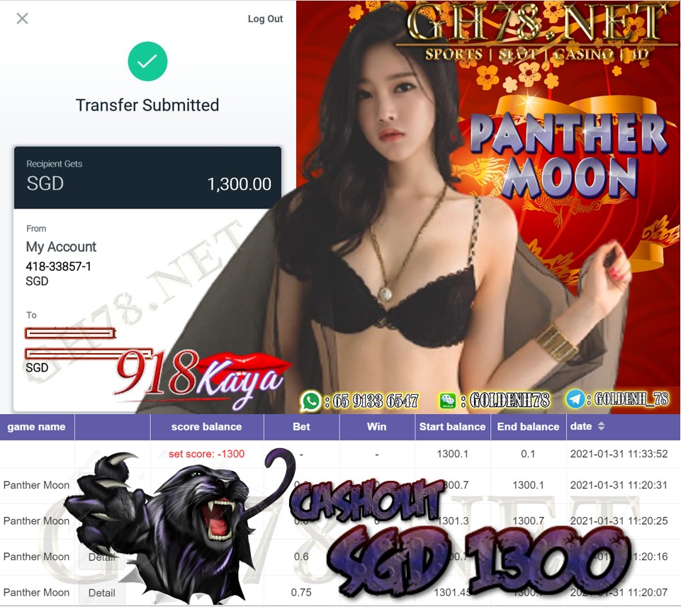 918KAYA PANTER MOON GAME CASHOUT $S1300