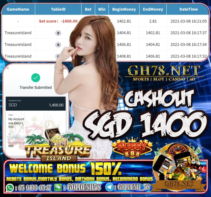 PUSSY888 TREASURE ISLAND CASHOUT $1400