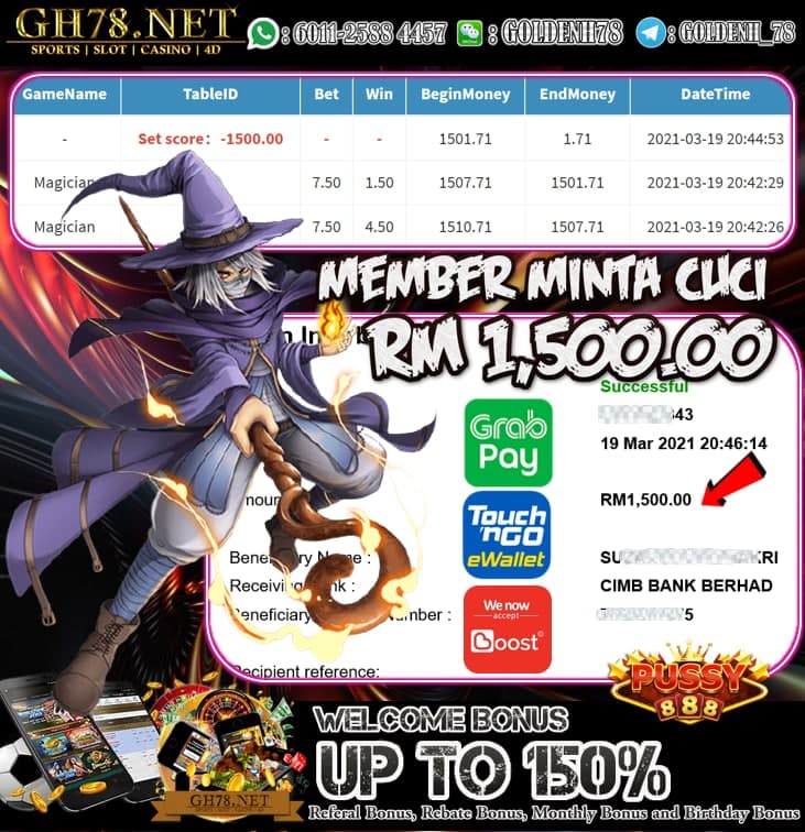 PUSSY888 MAGICIAN GAME MEMBER KAMI MINTA CUCI RM1,500.00