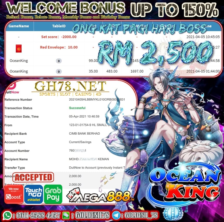 MEGA888 OCEAN KING GAME CUCI RM2,500