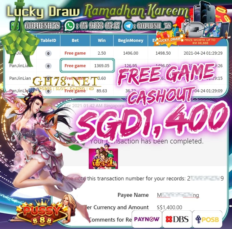 PUSSY888 PAN JIN LIAN GAME CASHOUT $S1400