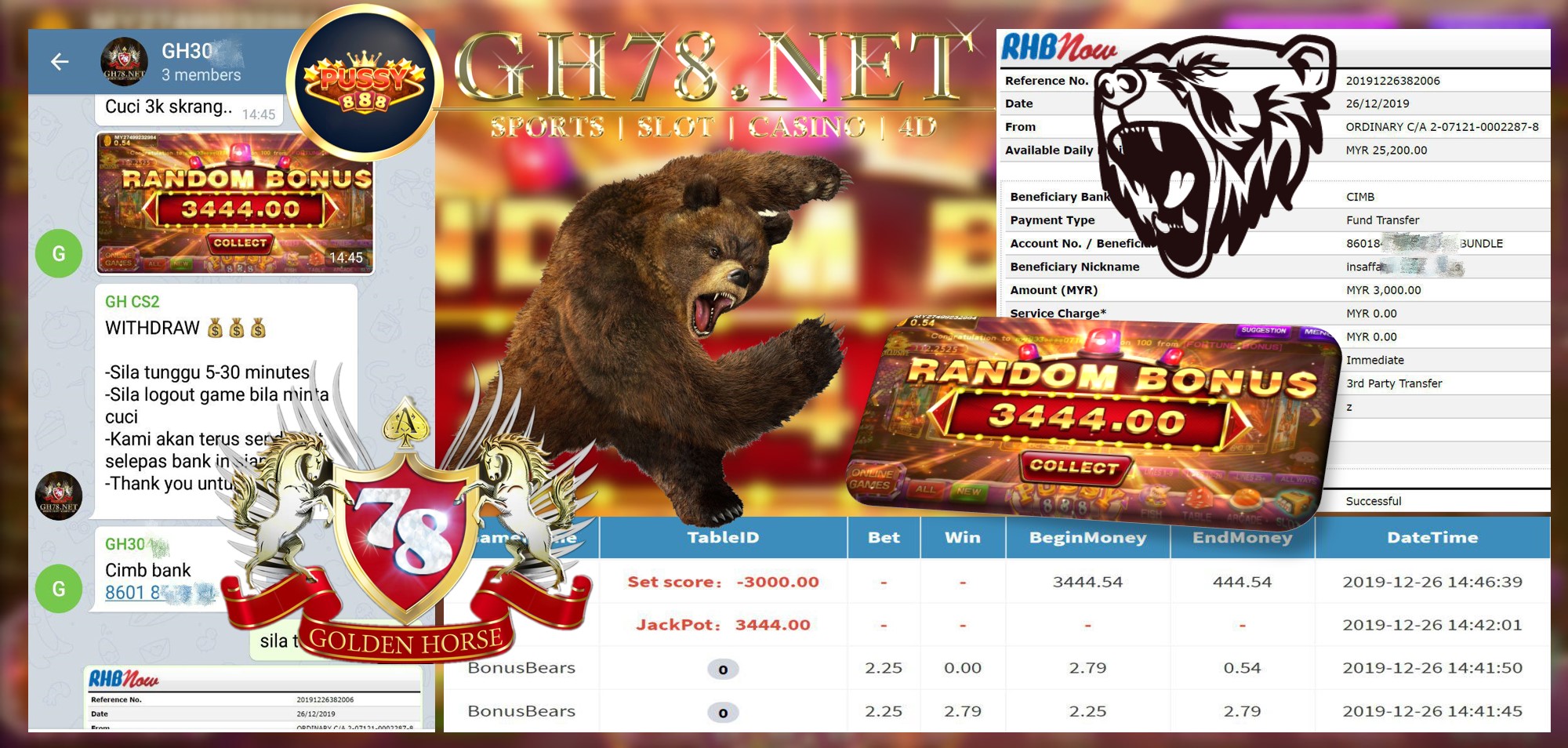 MEMBER MAIN PUSSY888 GAME BONUSBEARS MINTA OUT RM3000!!!	