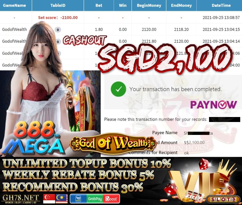 MEGA888 GOD OF WEALTH GAME CASHOUT SGD2100