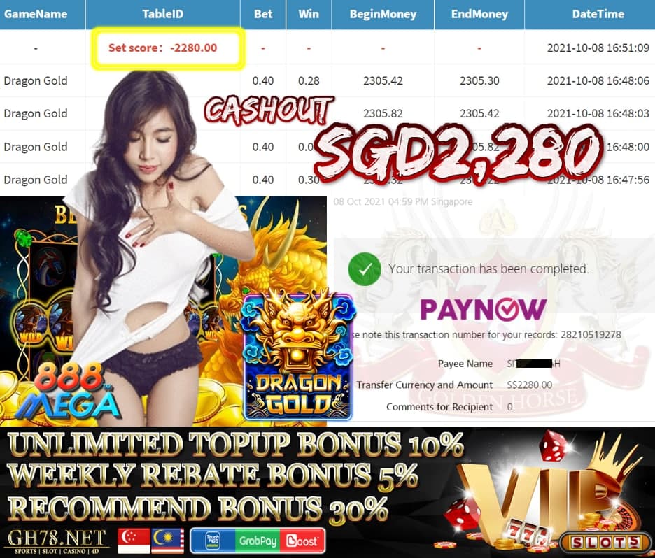 MEGA888 DRAGON GOLD GAME CASHOUT SGD2,280 ♥