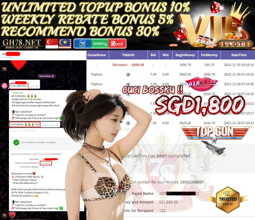 918KISS MEMBER PLAY GAME TOP GUN CASHOUT SGD1,800 ♥